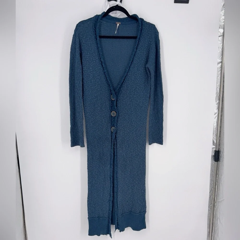 Free People Clearwater Boho Long Maxi Knit Duster Cardigan Deep Dark Navy Blue S